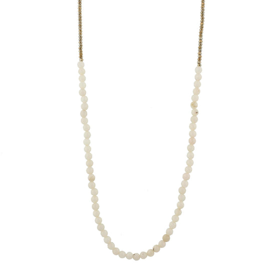 32" Off White Jade Stone Beaded Necklace with Greige Beads, 3" Ext