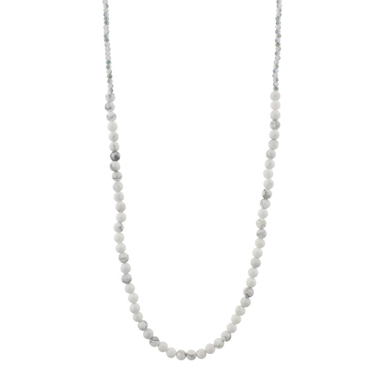 32" Howlite Stone Beaded Necklace with 2-Tone Grey and White Beads, 3" Ext
