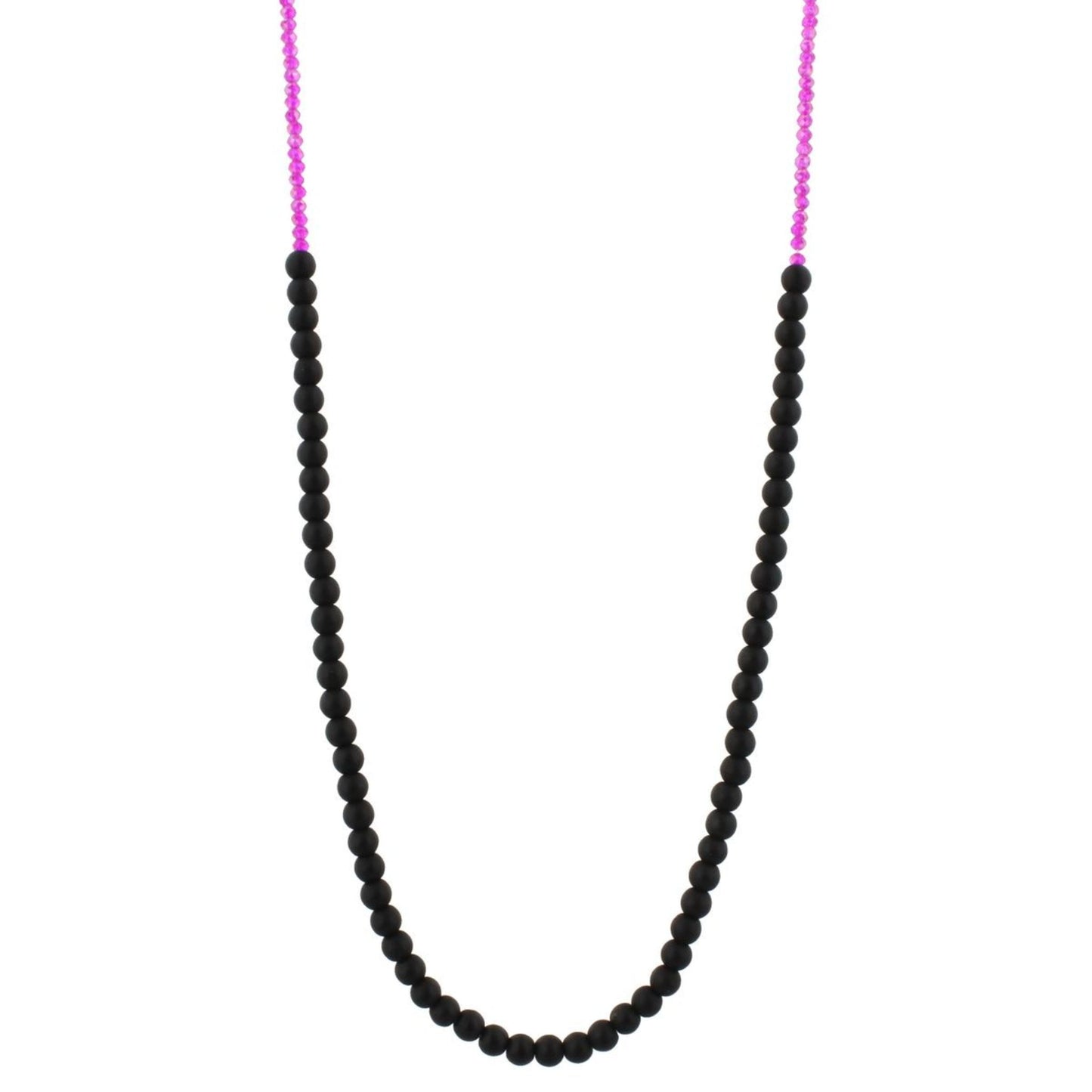 32" Mate Black onyx Stone Beaded Necklace with Hot Pink Beads, 3" Ext