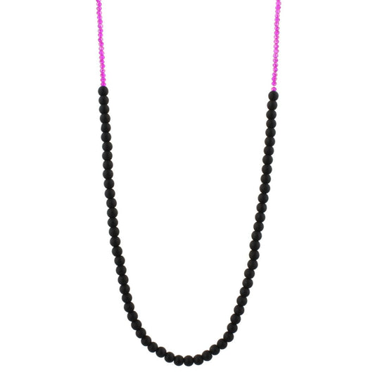 32" Mate Black onyx Stone Beaded Necklace with Hot Pink Beads, 3" Ext