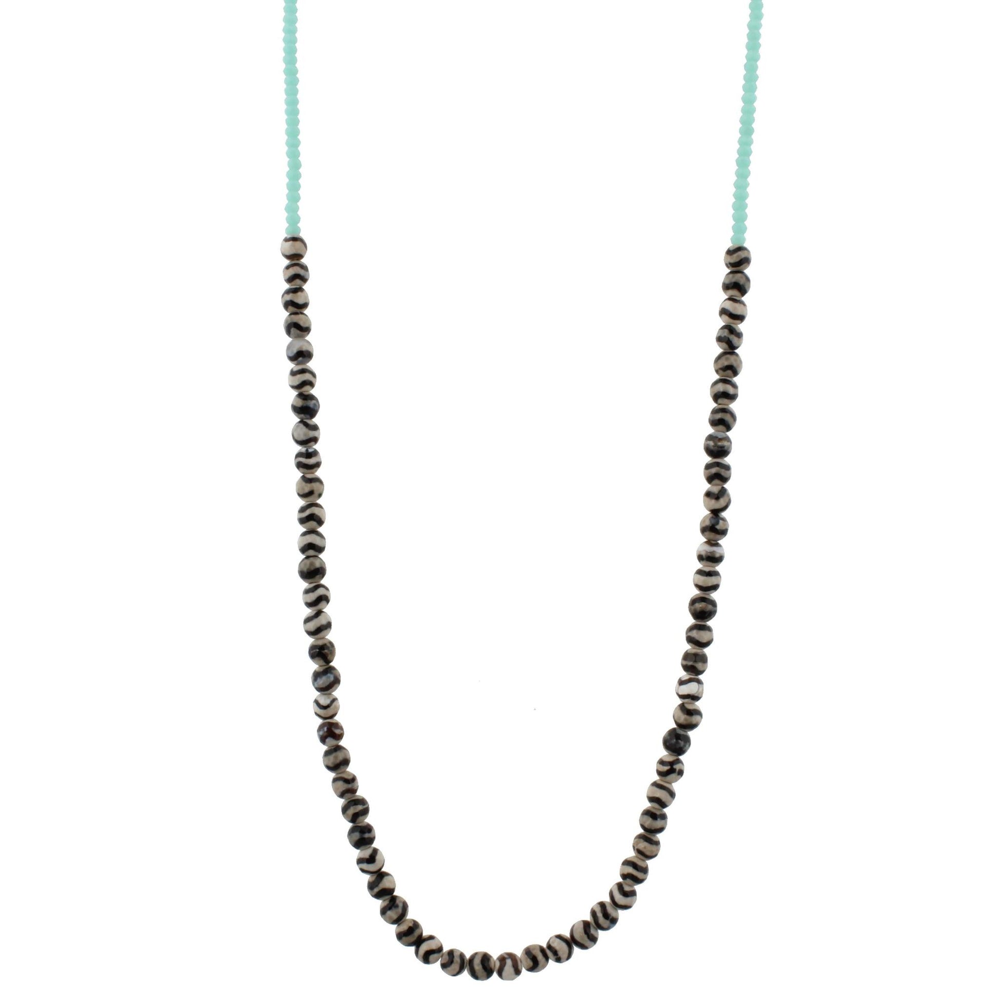32" Black Wavy Tibetan Stone Beaded Necklace with Aqua Beads, 3" Ext