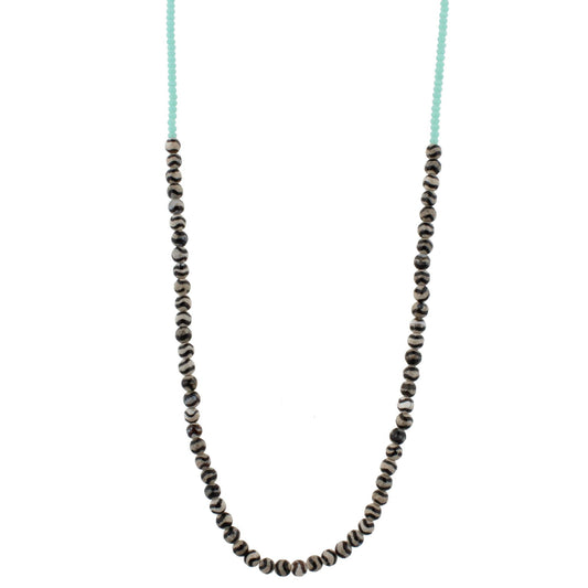 32" Black Wavy Tibetan Stone Beaded Necklace with Aqua Beads, 3" Ext