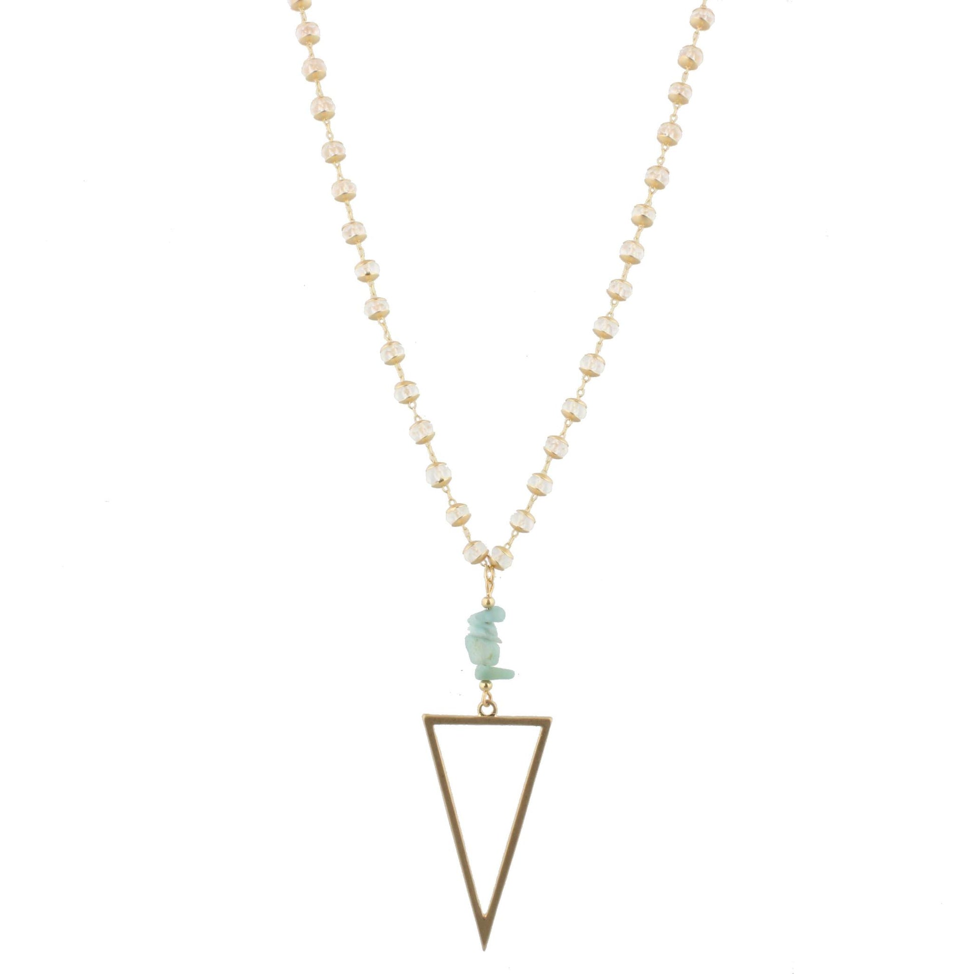 34" Sealed Link Clear Faceted Bead Necklace with Gold Fitted Disks and Amazonite Stack Stones with Gold Triangle, 3" Ext