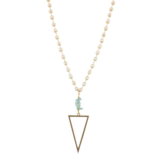 34" Sealed Link Clear Faceted Bead Necklace with Gold Fitted Disks and Amazonite Stack Stones with Gold Triangle, 3" Ext