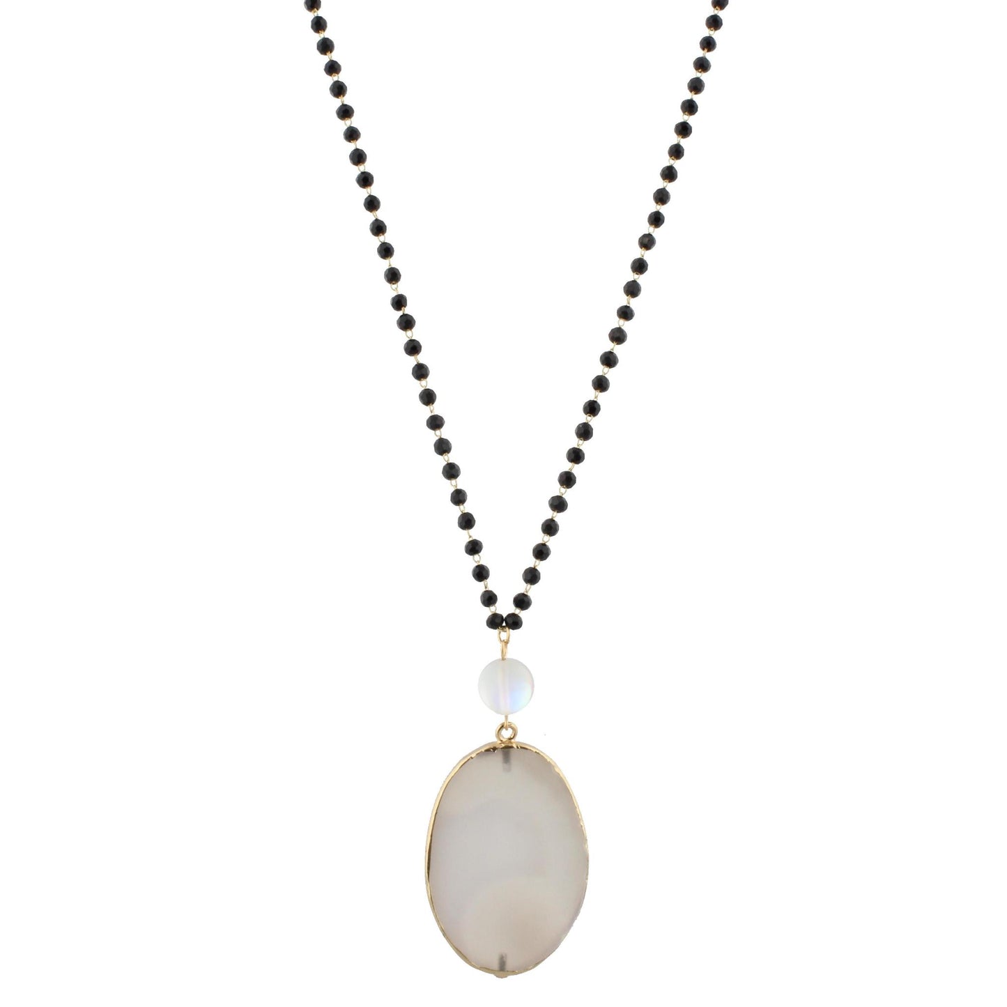 32" Matte Jet Linked Necklace with Opalized Bead and Grey Agate Slice, 3" Ext