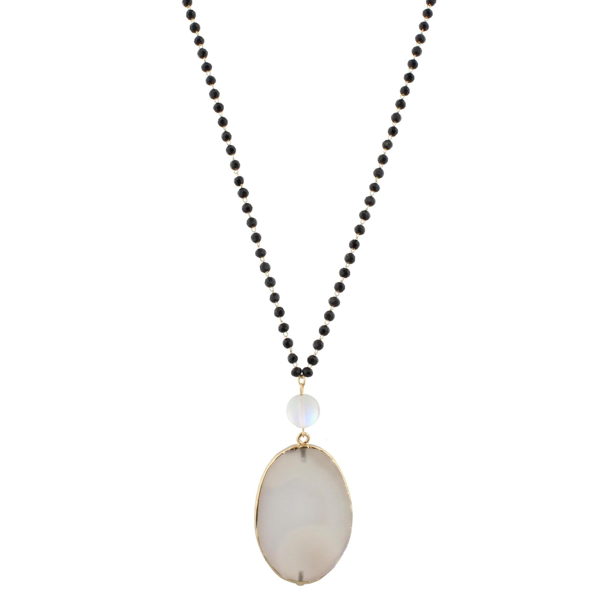 32" Matte Jet Linked Necklace with Opalized Bead and Grey Agate Slice, 3" Ext