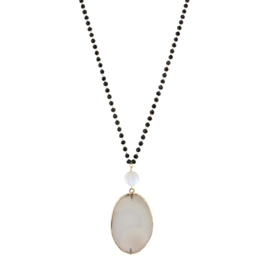 32" Matte Jet Linked Necklace with Opalized Bead and Grey Agate Slice, 3" Ext