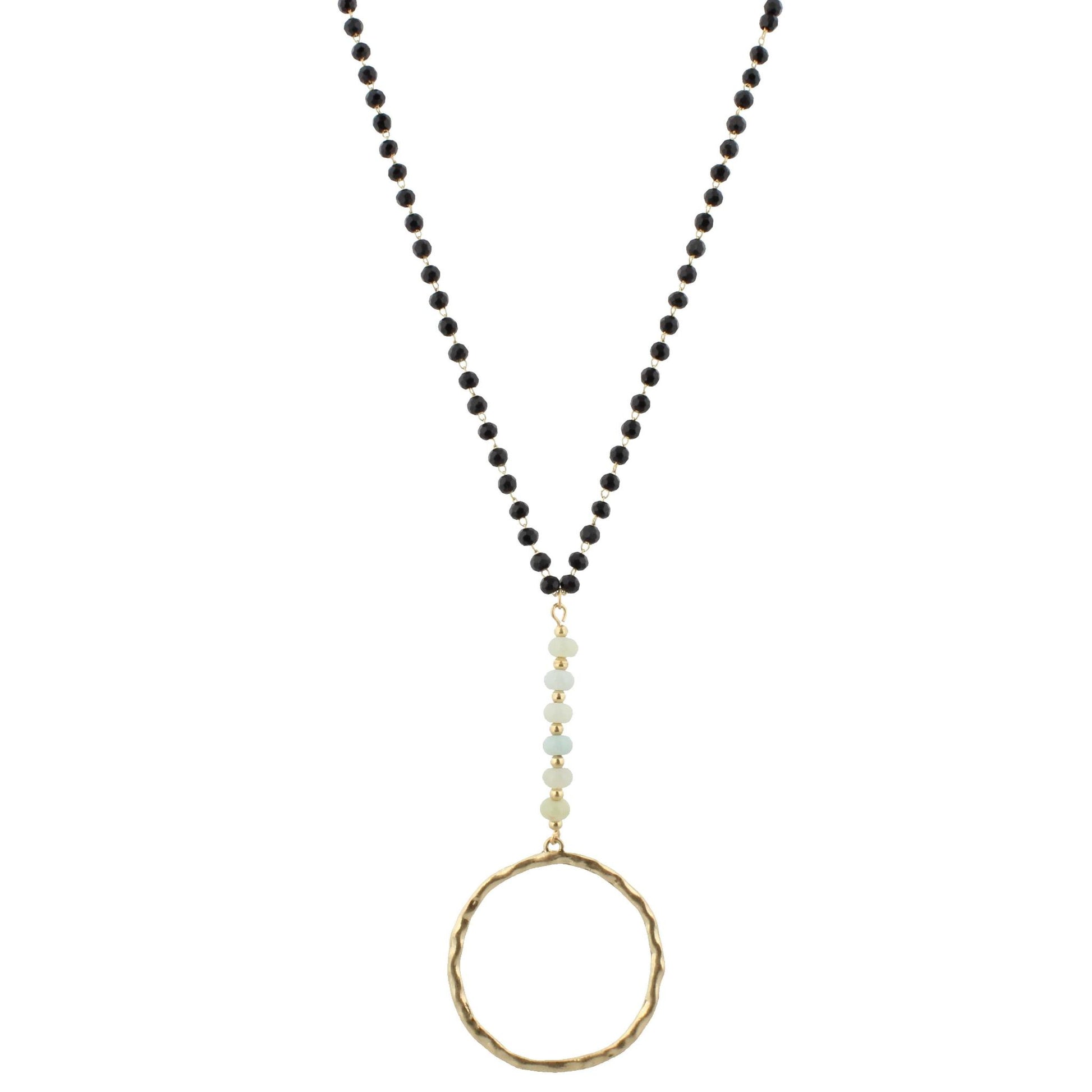 32" Matte Jet Linked Necklace with Amazonite Polished Stones and Circle, 3" Ext
