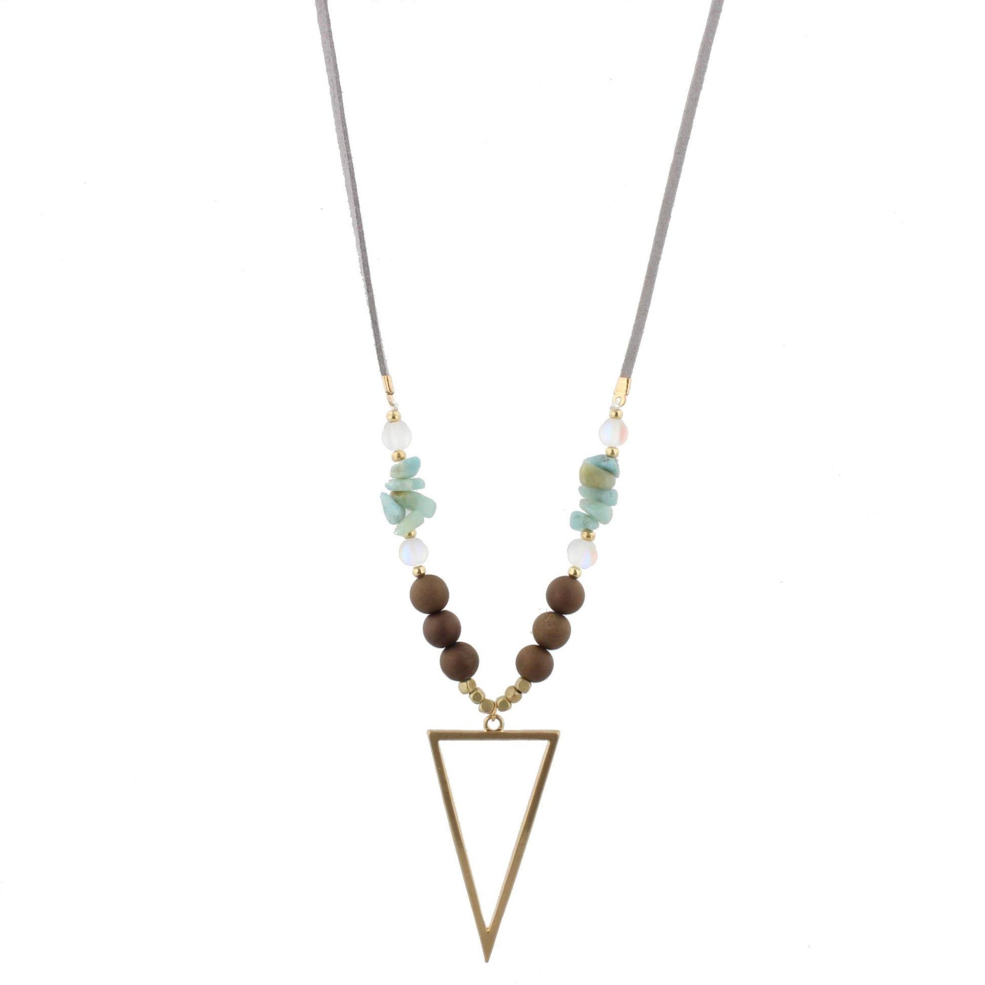 34" Grey Leather Necklace, Amazonite Stack Stones, Bronze Druzy Beads, Gold Triangle, 3" Ext