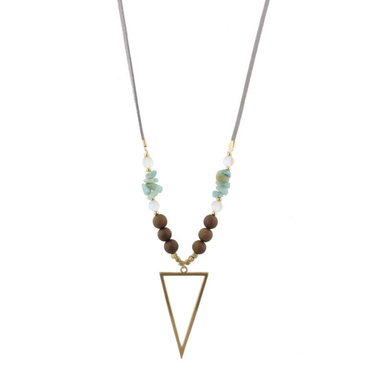 34" Grey Leather Necklace, Amazonite Stack Stones, Bronze Druzy Beads, Gold Triangle, 3" Ext