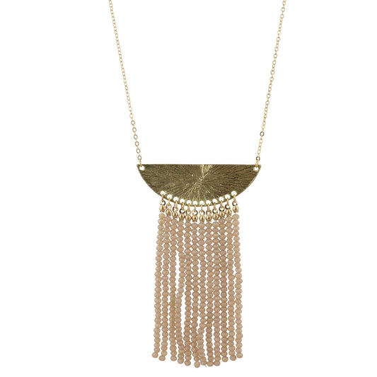 32" Gold Bib Necklace with 3.5" Matte Champagne Beaded Tassel, 3" Ext
