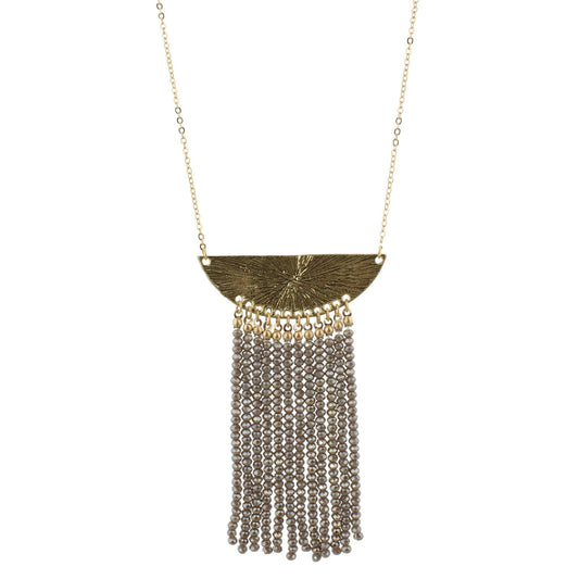 32" Gold Bib Necklace with 3.5" Greige Beaded Tassel, 3" Ext