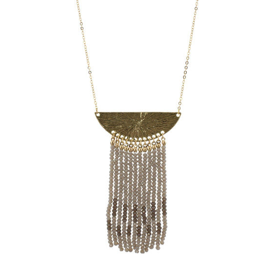 32" Gold Bib Necklace with 3.5" Grey Beaded Tassel, 3" Ext