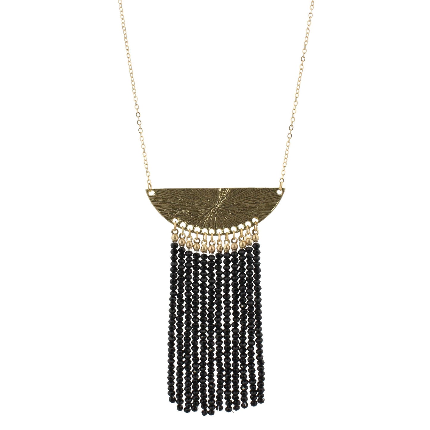 32" Gold Bib Necklace with 3.5" Jet Beaded Tassel, 3" Ext