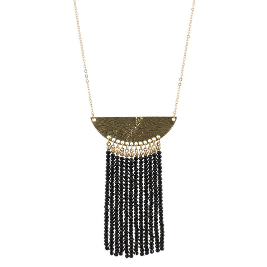 32" Gold Bib Necklace with 3.5" Jet Beaded Tassel, 3" Ext