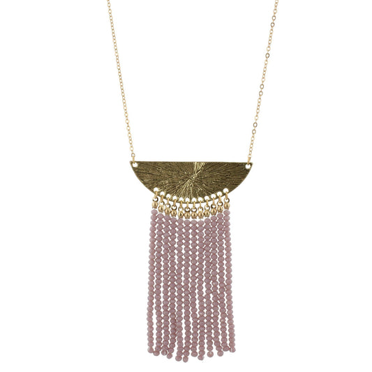 32" Gold Bib Necklace with 3.5" Lavender Beaded Tassel, 3" Ext