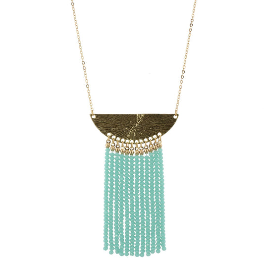 32" Gold Bib Necklace with 3.5"Mint Beaded Tassel, 3" Ext