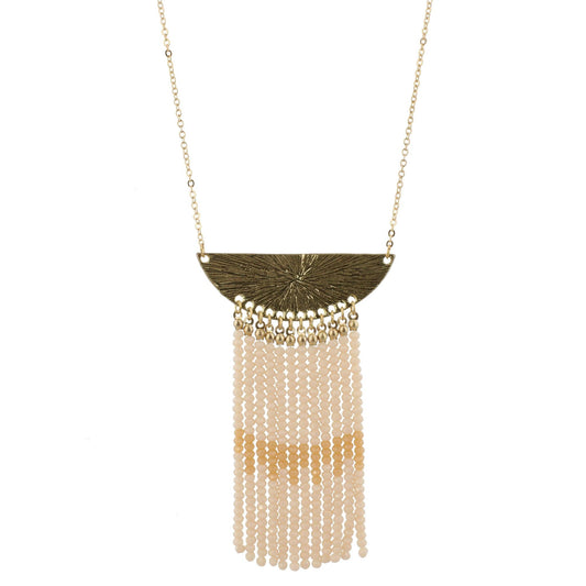 32" Gold Bib Necklace with 3.5" 2-Tone Natural Beaded Tassel, 3" Ext