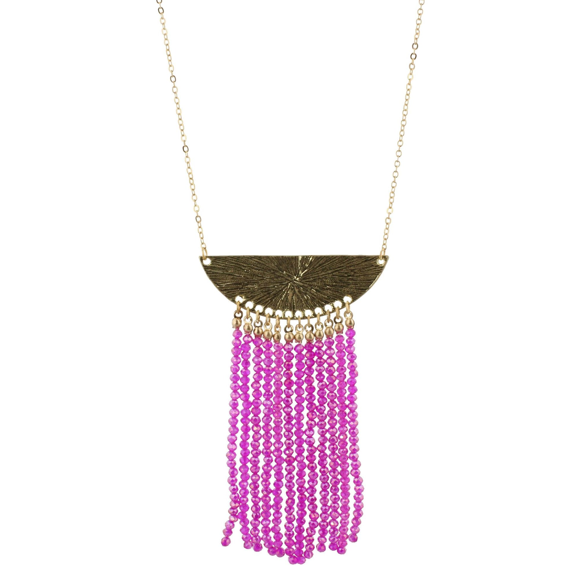 32" Gold Bib Necklace with 3.5" Hot Pink Beaded Tassel, 3" Ext