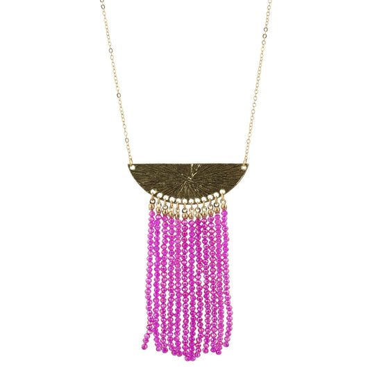 32" Gold Bib Necklace with 3.5" Hot Pink Beaded Tassel, 3" Ext