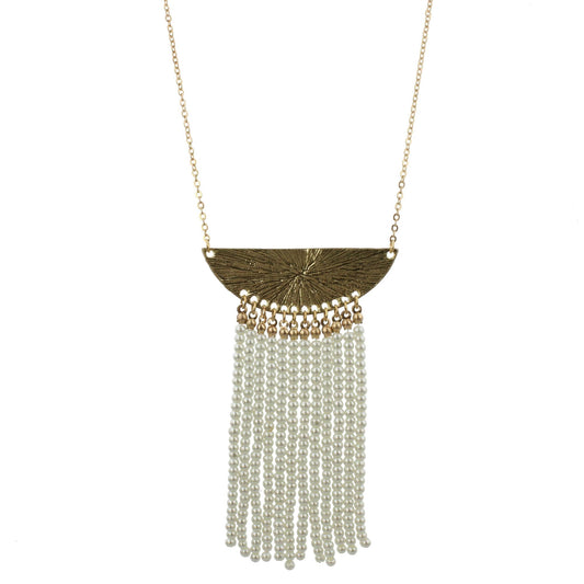 32" Gold Bib Necklace with 3.5" Pearl Beaded Tassel, 3" Ext