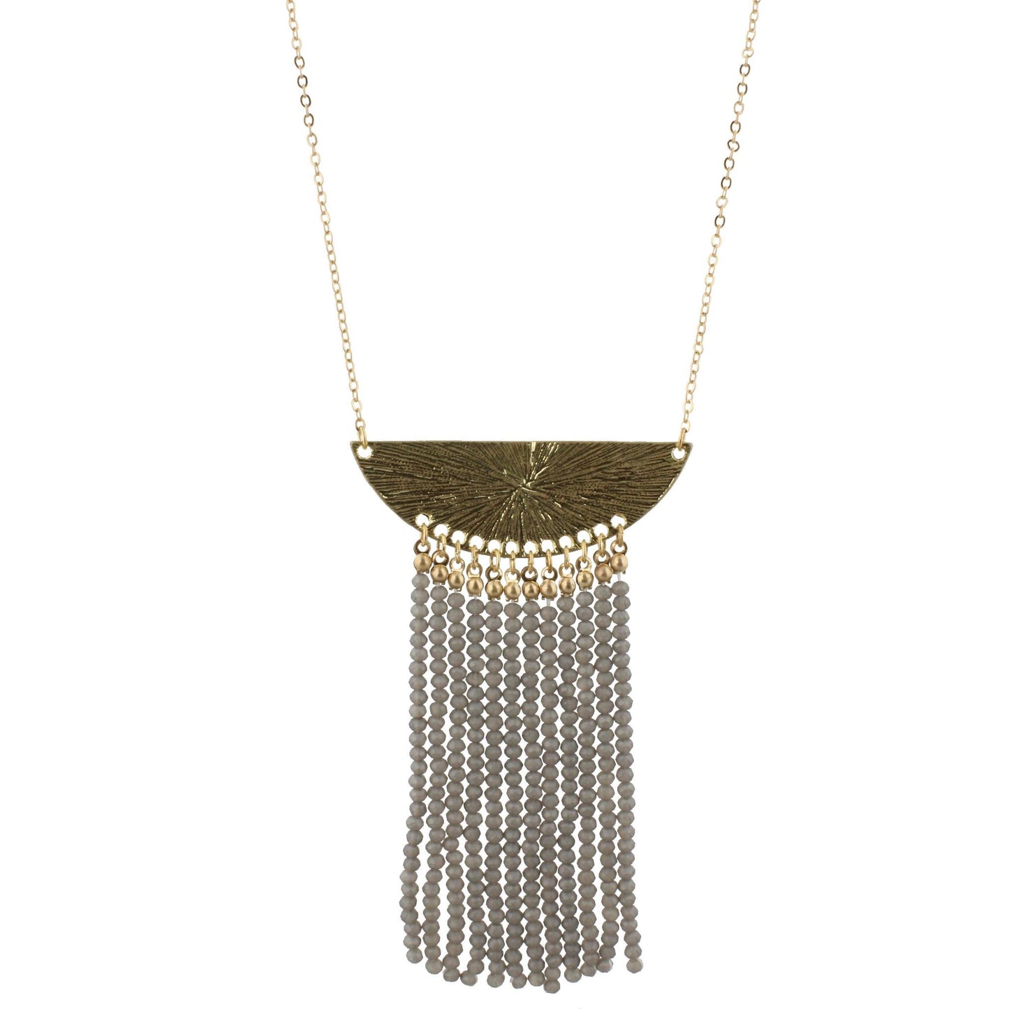 32" Gold Bib Necklace with 3.5" Stone Grey Beaded Tassel, 3" Ext