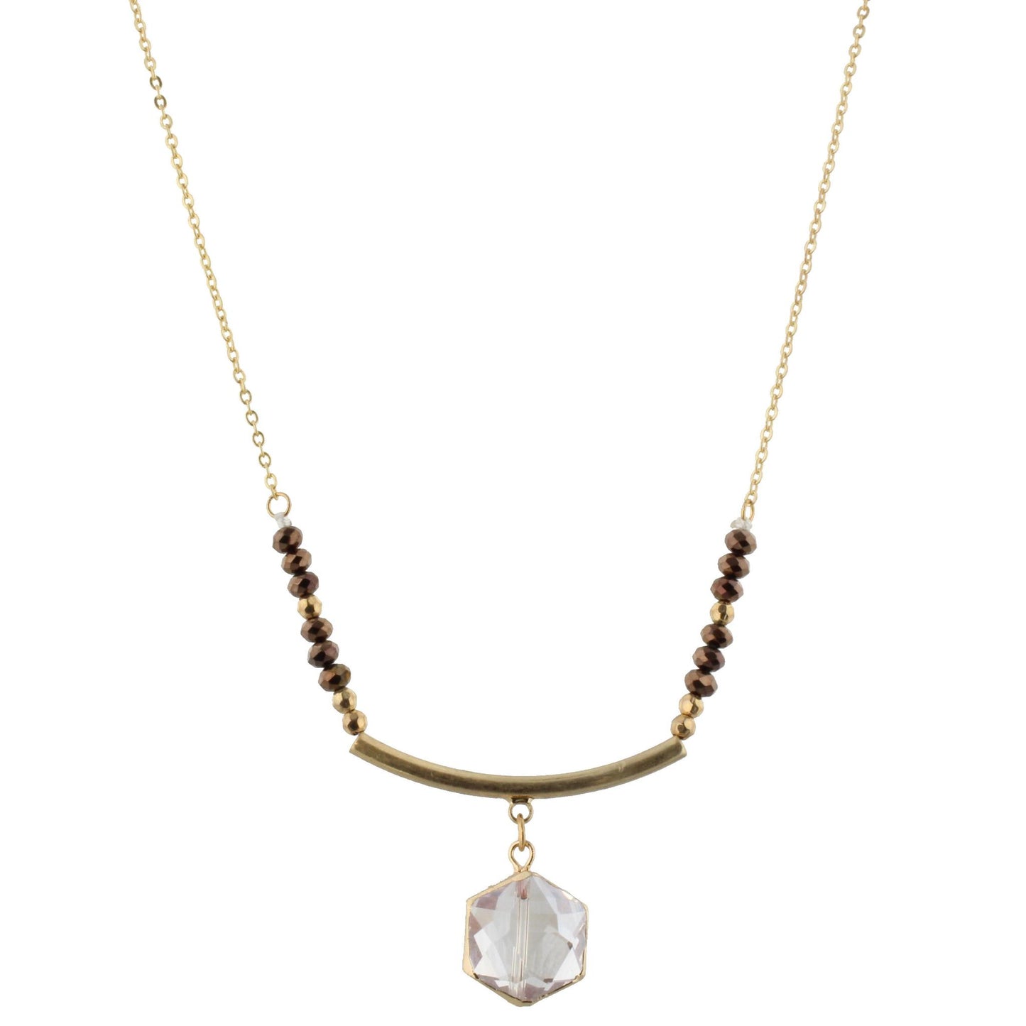 30" Chocolate with Gold Curved Bar Necklace with Clear Hexagon, 3" Ext