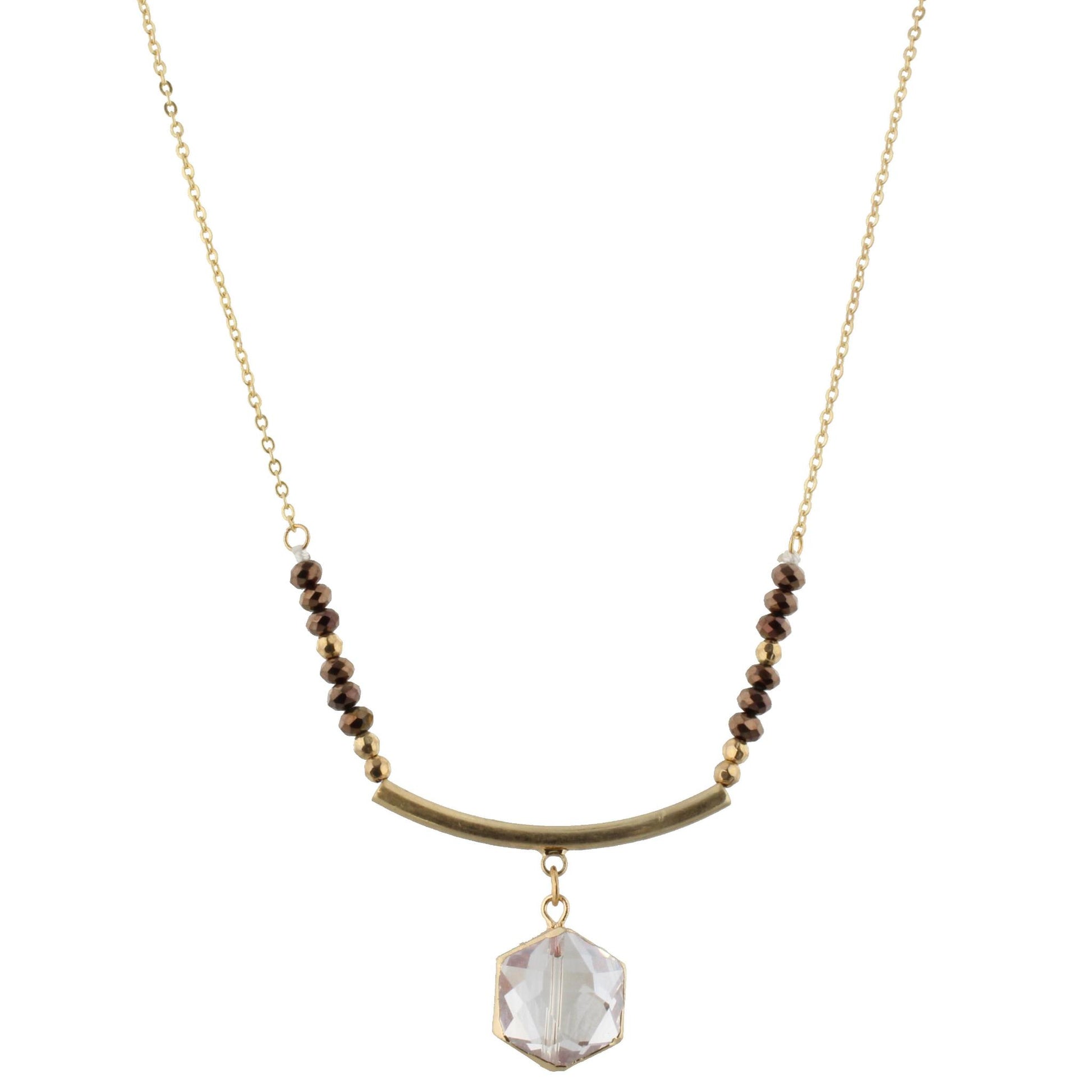 30" Chocolate with Gold Curved Bar Necklace with Clear Hexagon, 3" Ext