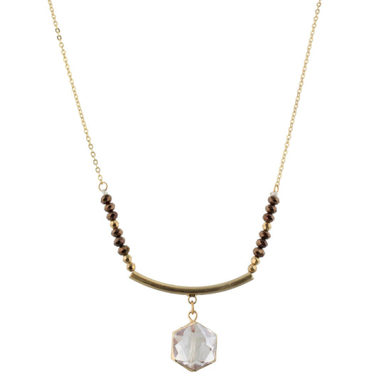 30" Chocolate with Gold Curved Bar Necklace with Clear Hexagon, 3" Ext