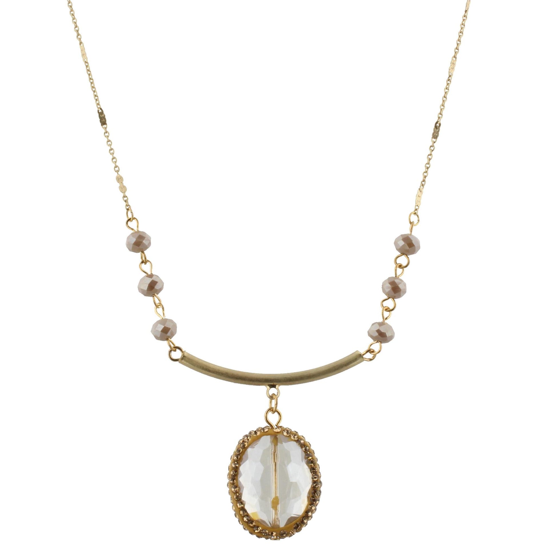 30" Greige with Gold Curved Bar Necklace with Pave Crystal Oval, 3" Ext
