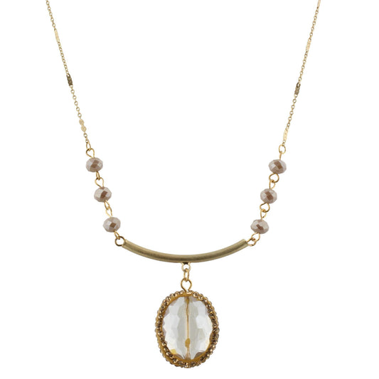 30" Greige with Gold Curved Bar Necklace with Pave Crystal Oval, 3" Ext