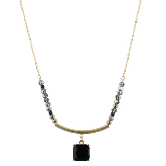 30" Metallic with Gold Curved Bar Necklace with Jet Square, 3" Ext