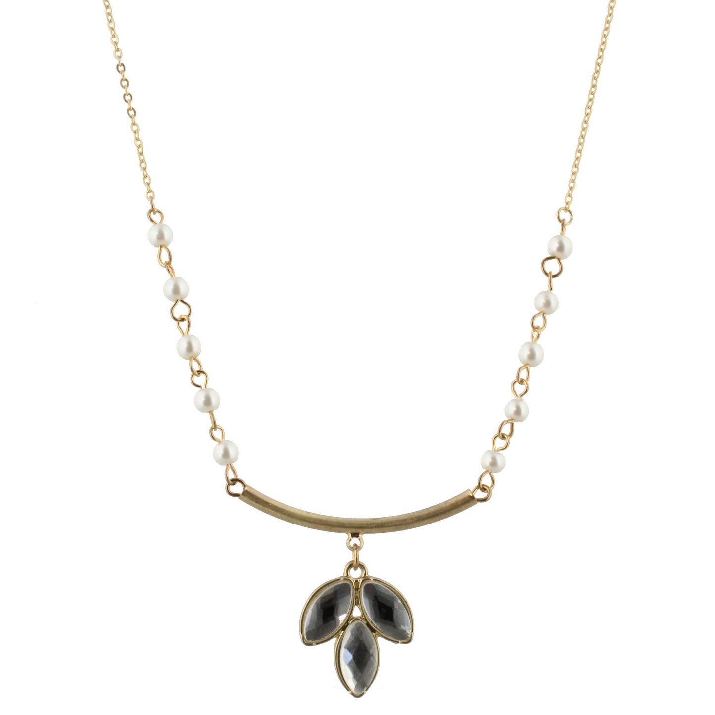 30" Pearl with Gold Curved Bar Necklace with Rhinestone Leaf, 3" Ext