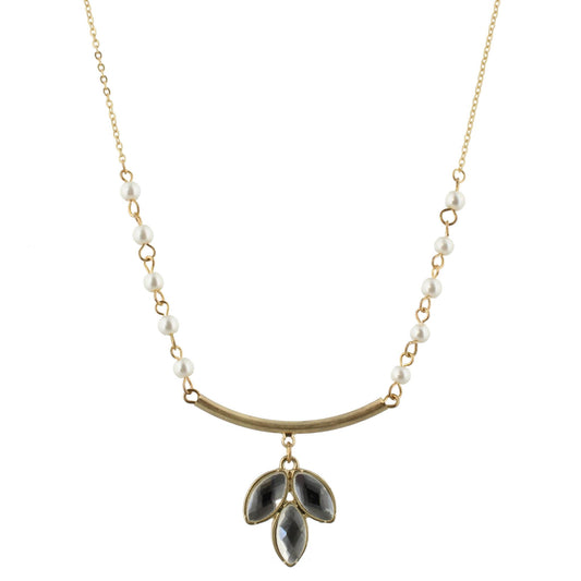 30" Pearl with Gold Curved Bar Necklace with Rhinestone Leaf, 3" Ext