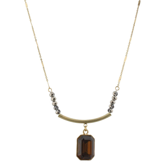 30" Metallic with Gold Curved Bar Necklace with Citrine Stone , 3" Ext