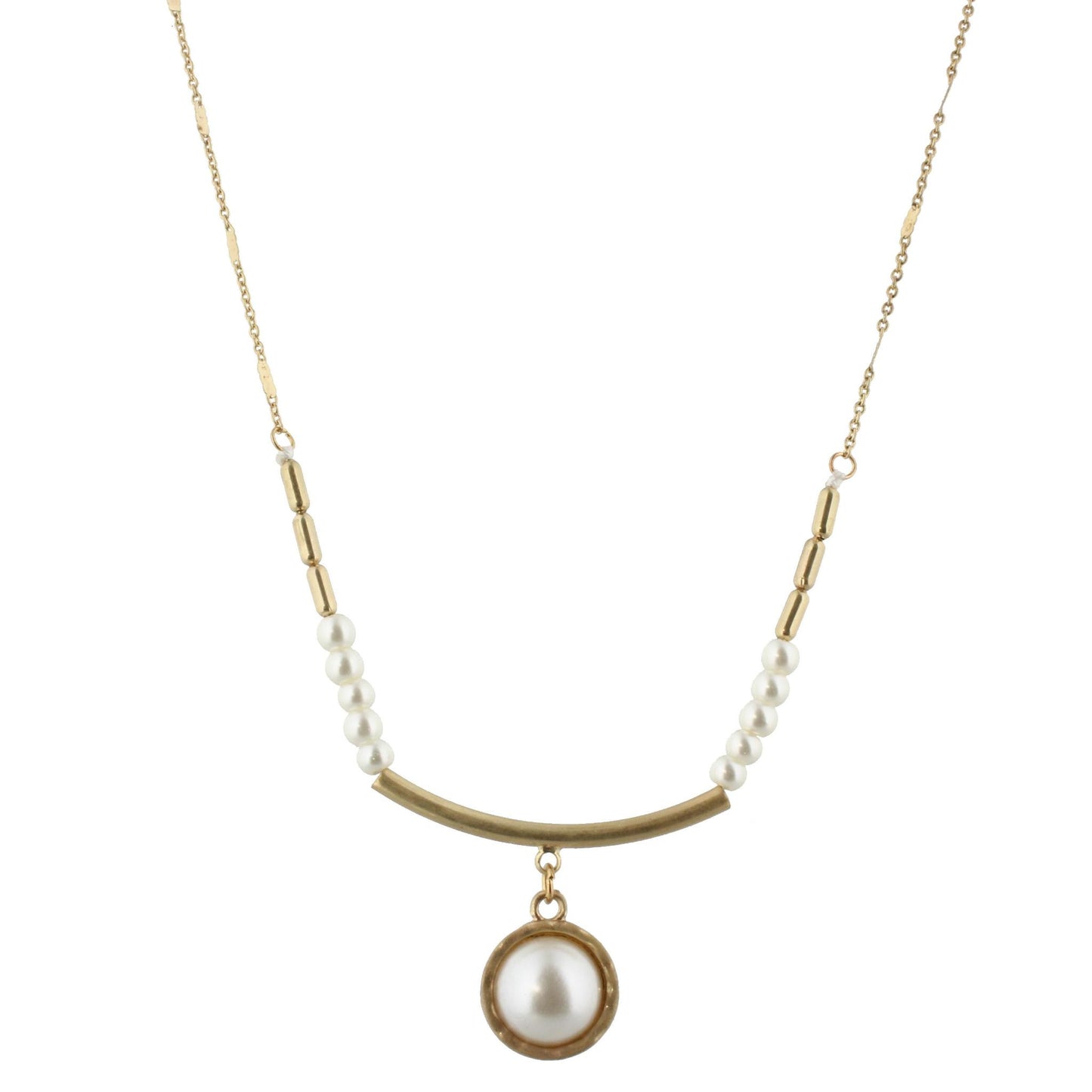 30" Pearl with Gold Curved Bar Necklace with Round Pearl Cabachon, 3" Ext