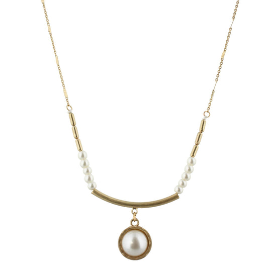 30" Pearl with Gold Curved Bar Necklace with Round Pearl Cabachon, 3" Ext