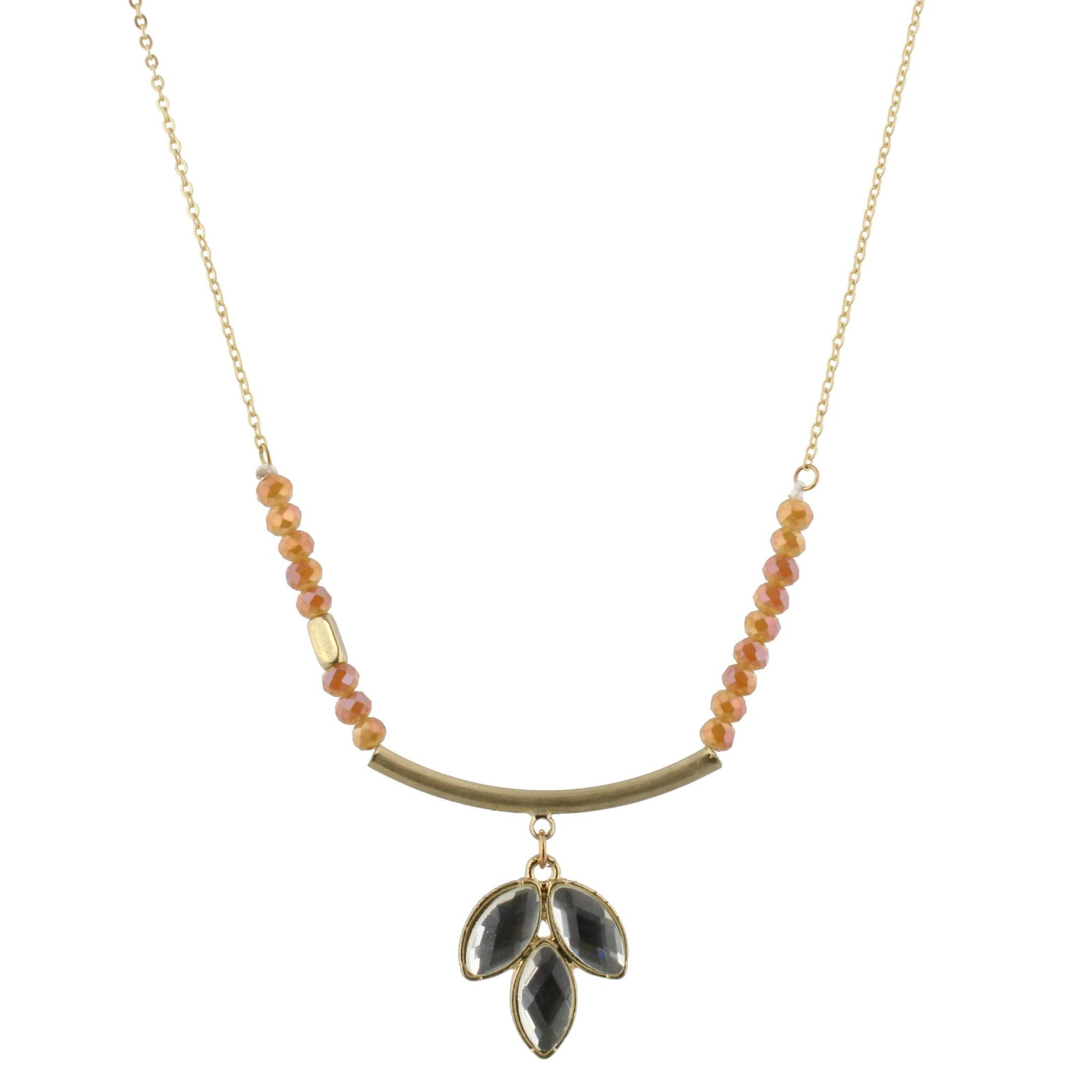 30" Sunset with Gold Curved Bar Necklace with Rhinestone Leaf, 3" Ext