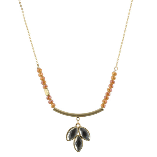 30" Sunset with Gold Curved Bar Necklace with Rhinestone Leaf, 3" Ext