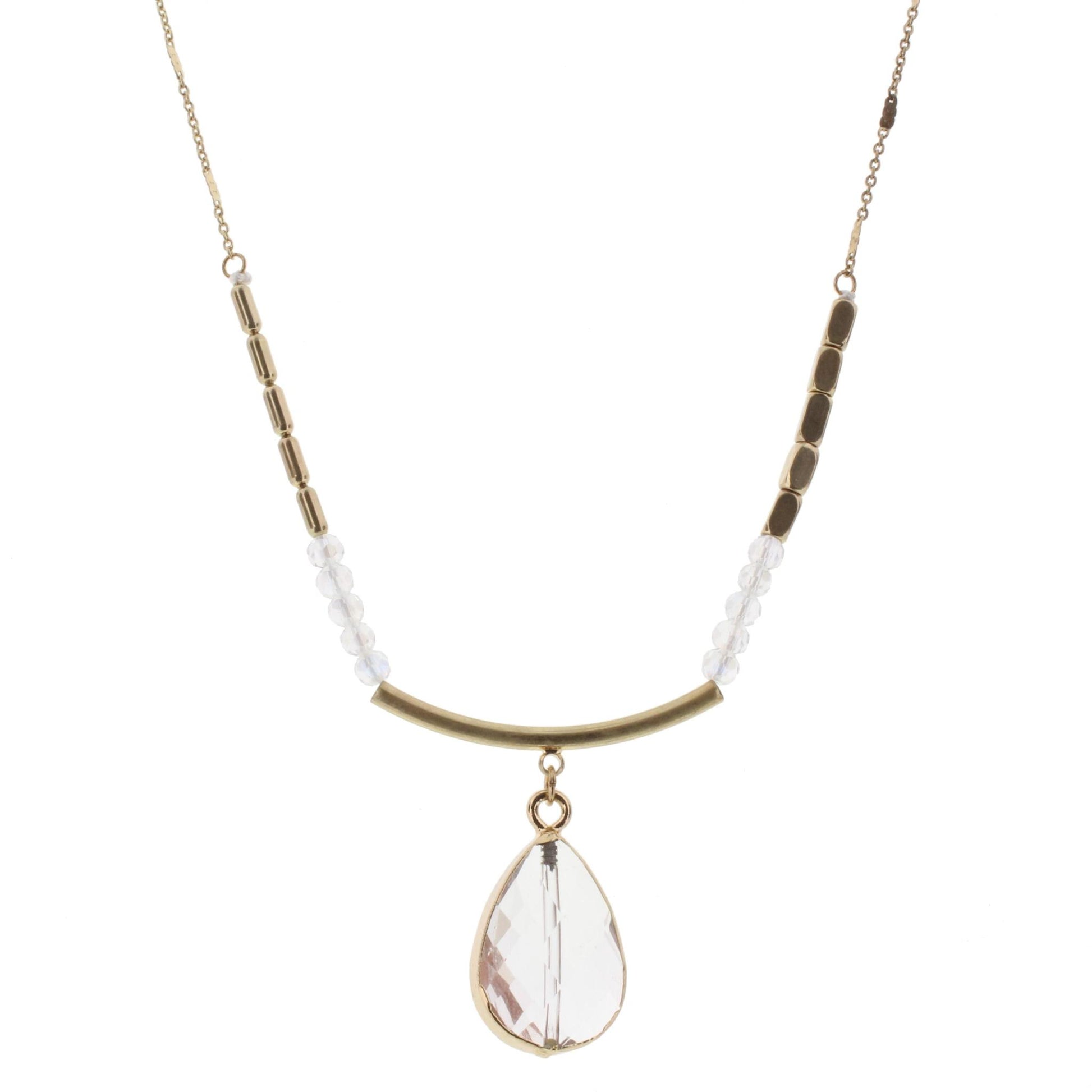 30" Gold and Clear with Gold Curved Bar Necklace with Clear Teardrop, 3" Ext