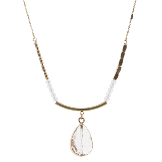 30" Gold and Clear with Gold Curved Bar Necklace with Clear Teardrop, 3" Ext