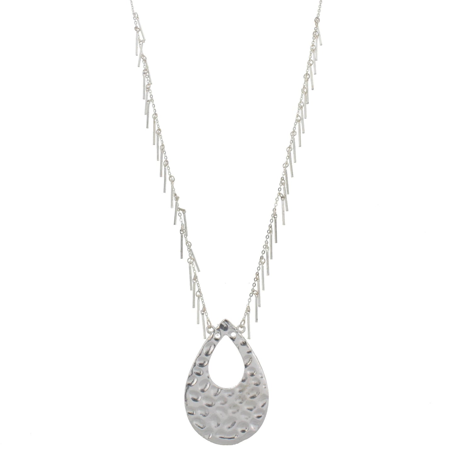 32" Silver Chain Necklace with Silver Fringe and Silver Teardrop, 3" Ext