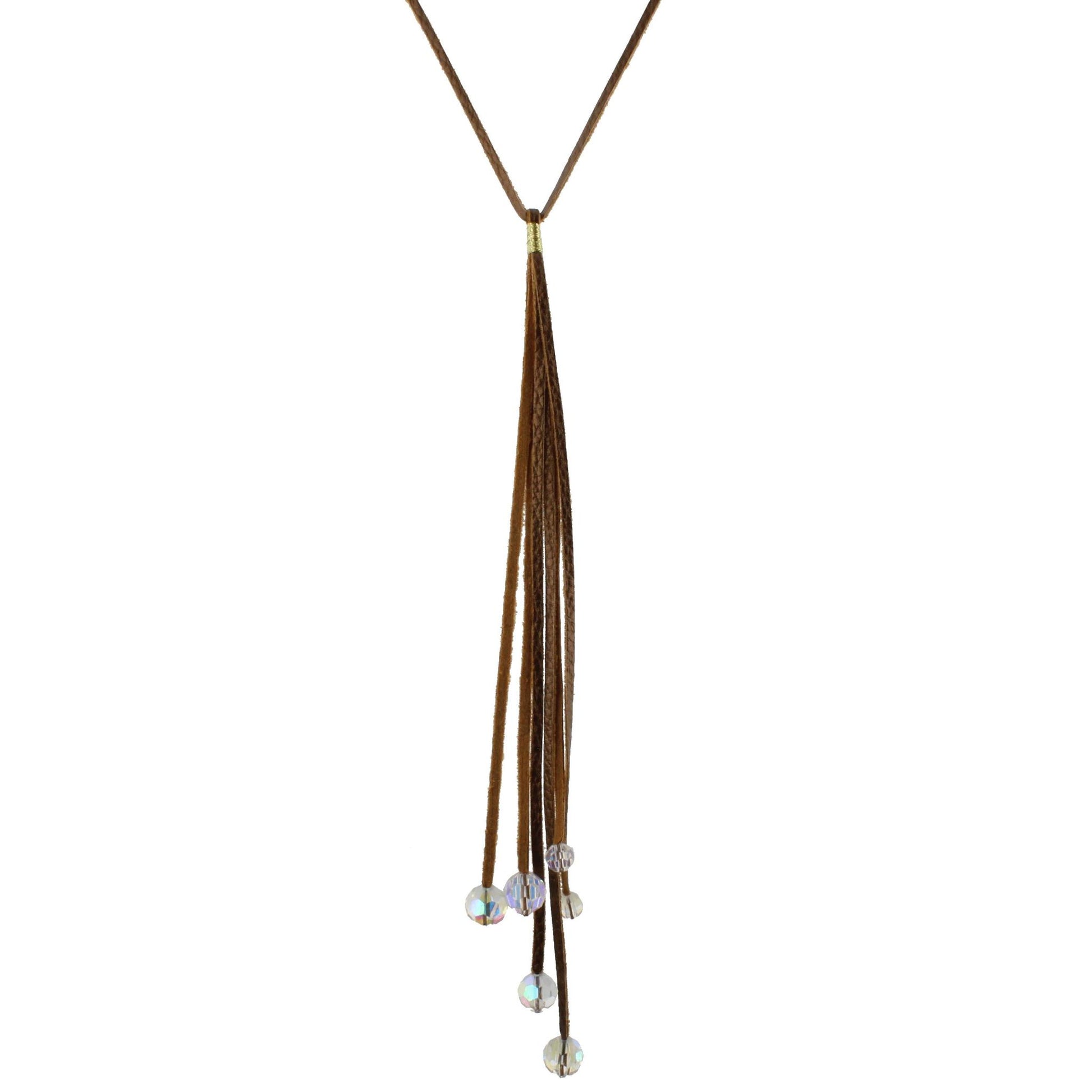 28" Bronze Leather Necklace with Bronze 10" Tassel and AB Crystal Endings, 3" Ext