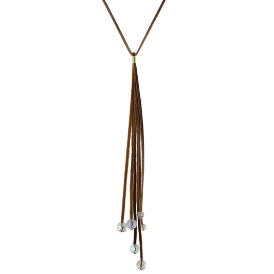 28" Bronze Leather Necklace with Bronze 10" Tassel and AB Crystal Endings, 3" Ext