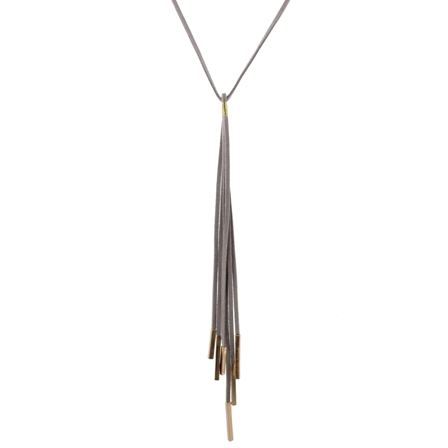 28" Grey Leather Necklace with Grey 10" Tassel and Gold Rectangle Endings, 3" Ext