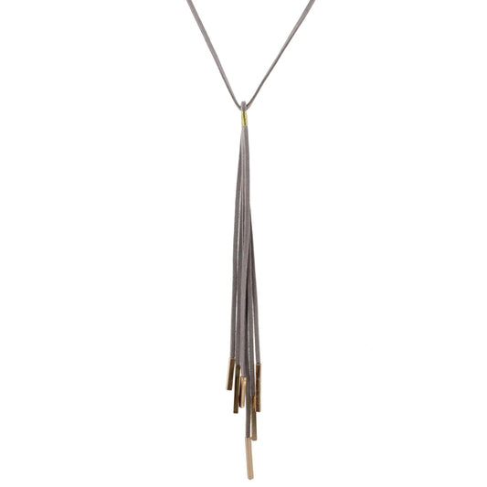 28" Grey Leather Necklace with Grey 10" Tassel and Gold Rectangle Endings, 3" Ext