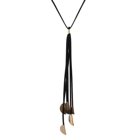 28" Jet Leather Necklace with Jet 10" Tassel and Gold Half Moon Endings, 3" Ext
