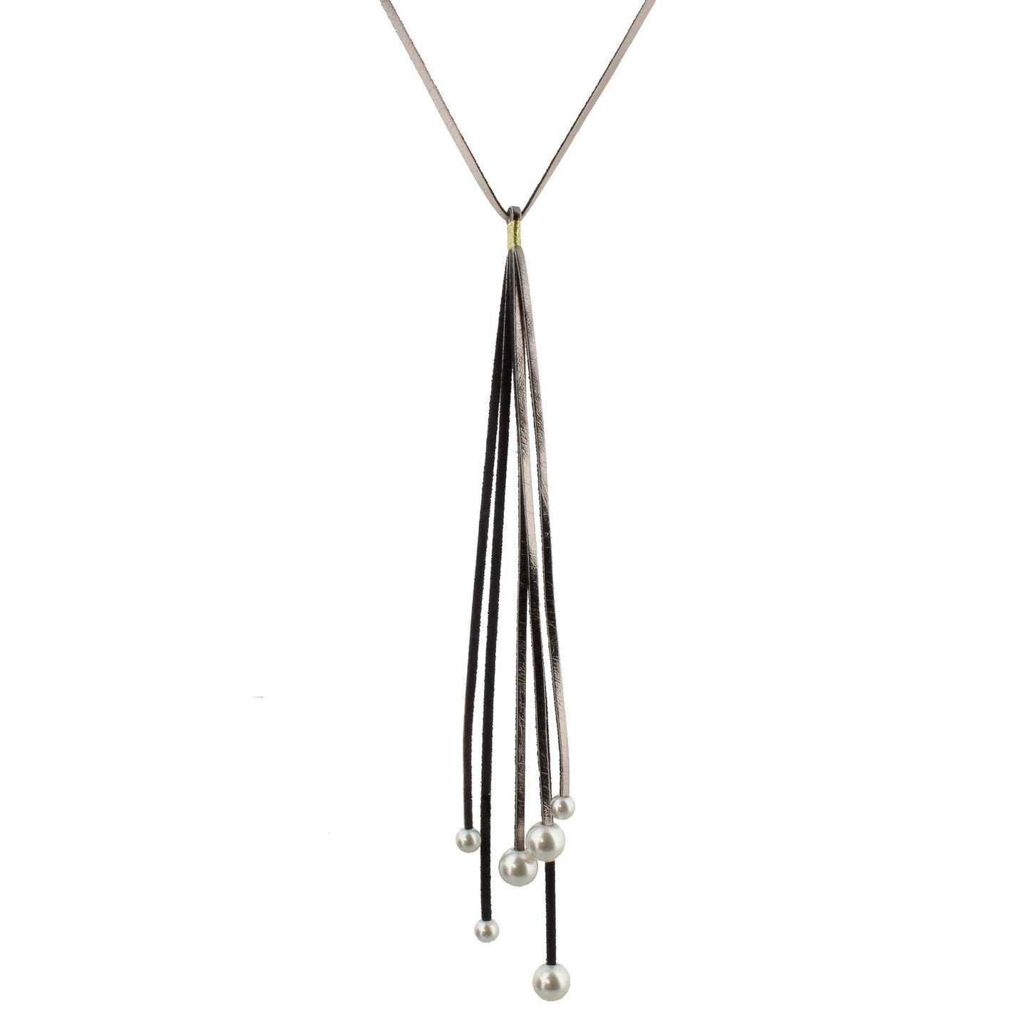 28" Metallic Grey Leather Necklace with Metallic Grey 10" Tassel and Pearl Endings, 3" Ext
