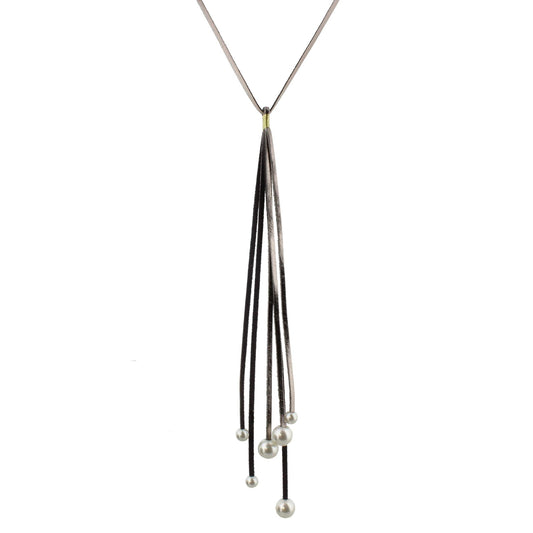 28" Metallic Grey Leather Necklace with Metallic Grey 10" Tassel and Pearl Endings, 3" Ext
