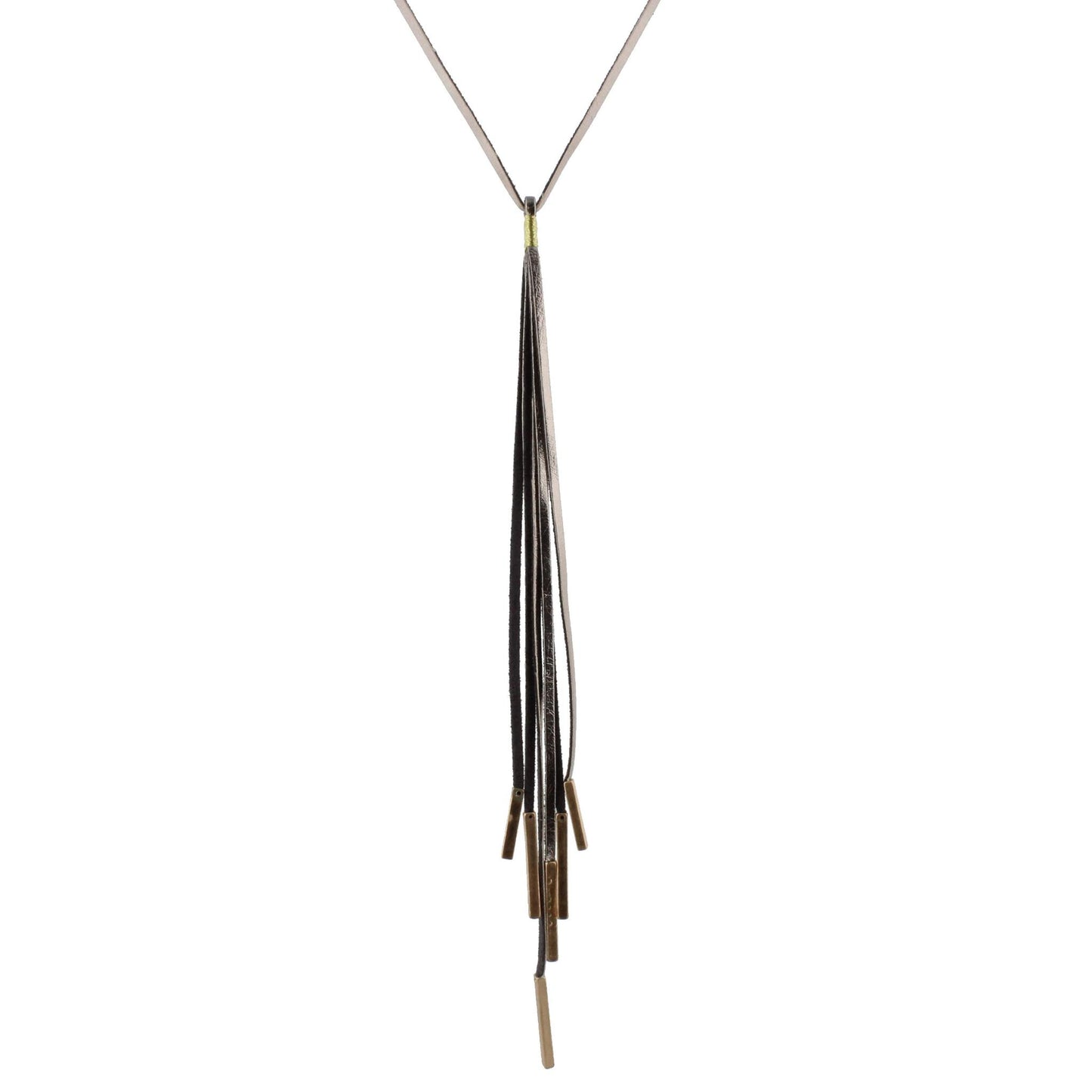 28" Metallic Grey Leather Necklace with Mettalic Grey 10" Tassel and Gold Rectangle Endings, 3" Ext